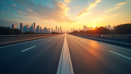 Urban highway at sunset leading towards a city skyline with soft clouds