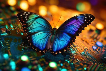 A vibrant butterfly rests on a detailed computer circuit board, blending nature and technology in a surreal composition.