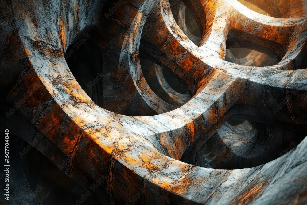 Poster complex interlocking metallic rings create a mesmerizing abstract structure with warm light illumina