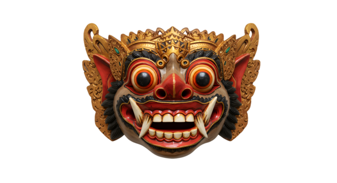 Detailed close-up of a intricately designed Balinese Barong mask, showcasing rich cultural heritage and artistic craftsmanship