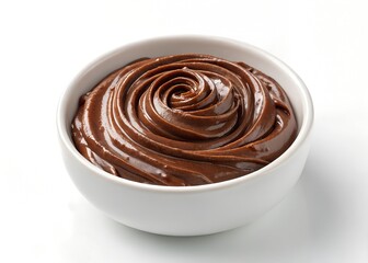 Top View of Swirled Chocolate Ganache in White Bowl – Smooth Glossy Dessert Sauce on White Background