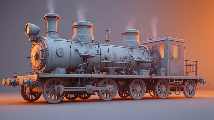 Fototapeta premium A weathered vintage steam locomotive sits a neutral background, emitting steam against a warm sunset backdrop.