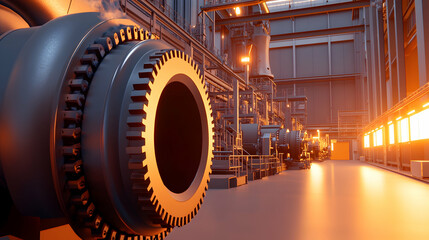 Obraz premium Close-up massive industrial gear within a power plant sunset, bathed warm light.