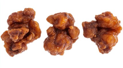 Three clusters of fried nuts, brown and crispy, on a white background