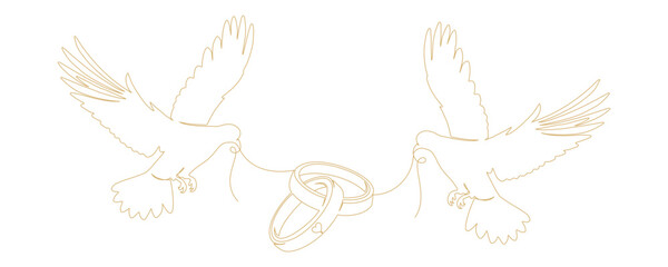 Naklejka premium continuous line drawing of doves and wedding rings 2