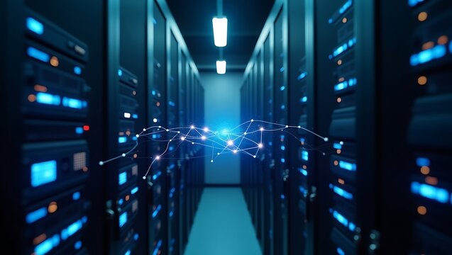 Server room with connected network nodes depicting data flow and processing - Powered by Adobe