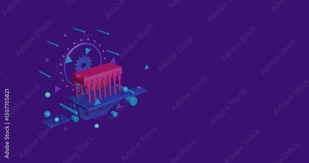 Poster pink integrated circuit symbol on a pedestal of abstract geometric shapes floating in the air. abstr