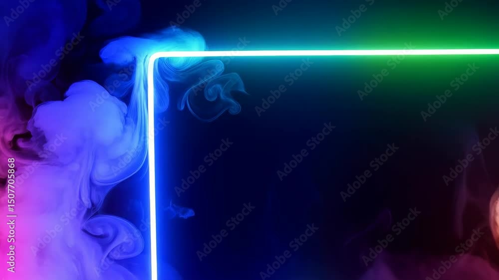 Poster glowing colorful square with vibrant smoke effect and fog, illuminated frame in a dark studio creati