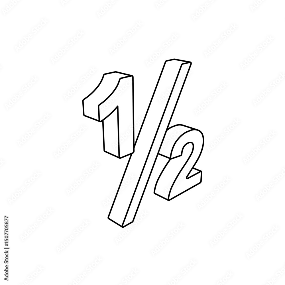 Poster the outline of a large half fraction symbol is made with black lines. 3d view of the object in persp