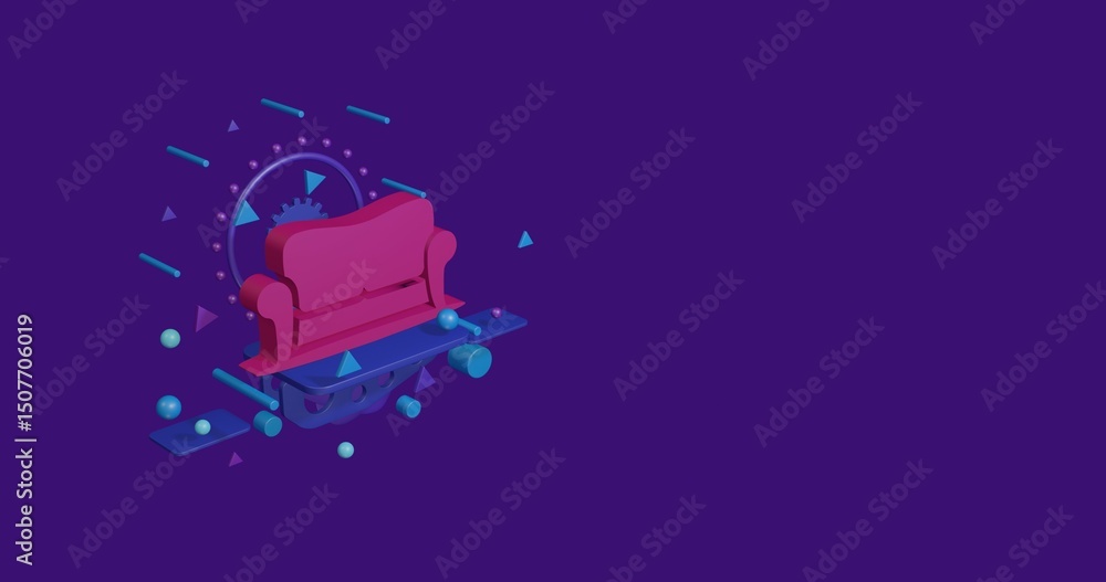 Poster pink sofa symbol on a pedestal of abstract geometric shapes floating in the air. abstract concept ar