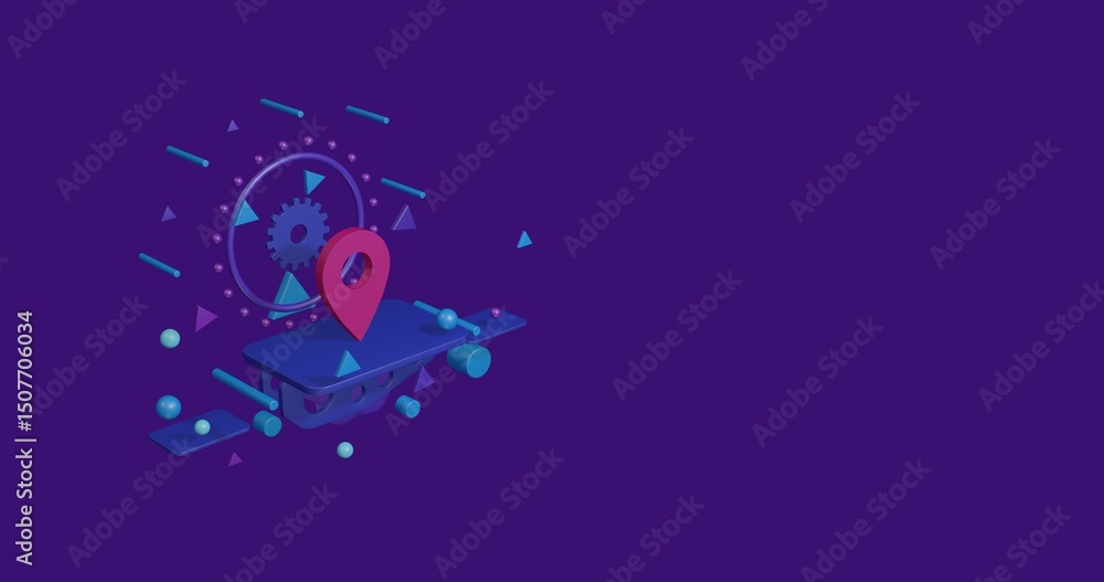 Poster pink location symbol on a pedestal of abstract geometric shapes floating in the air. abstract concep