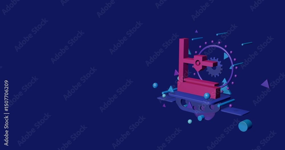 Poster pink small 3d printer symbol on a pedestal of abstract geometric shapes floating in the air. abstrac