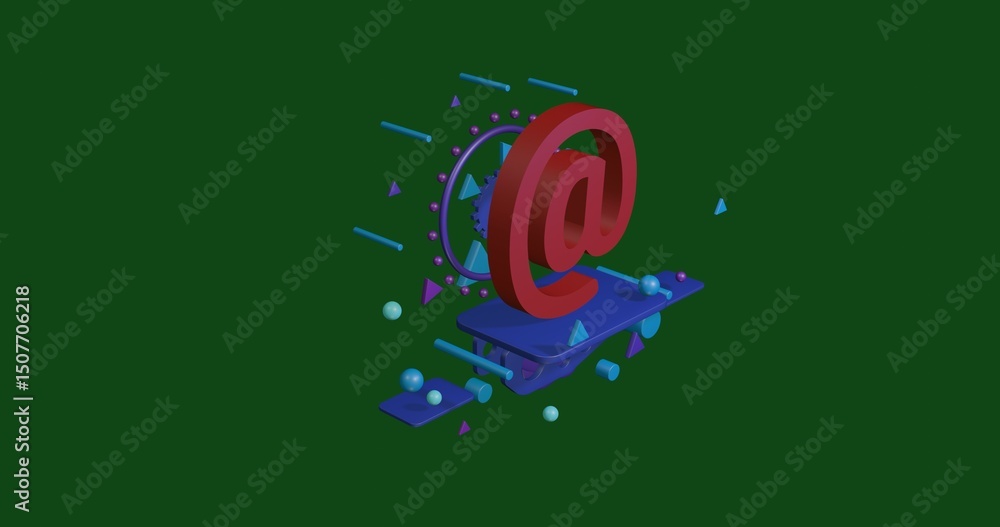 Aufkleber red at symbol on a pedestal of abstract geometric shapes floating in the air. abstract concept art w