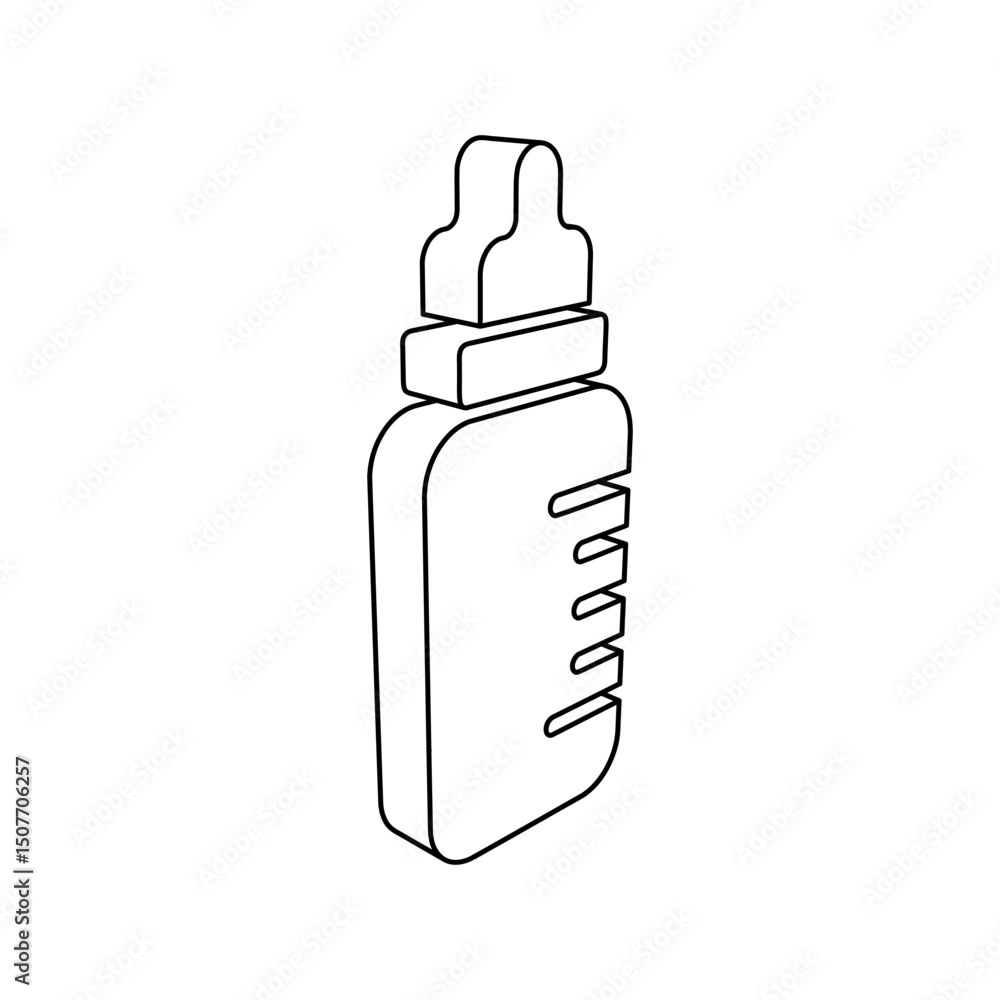 Poster the outline of a large feeding bottle symbol is made with black lines. 3d view of the object in pers