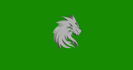 Isolated realistic white dragon's head symbol front view with shadow. 3d illustration on green chroma key background