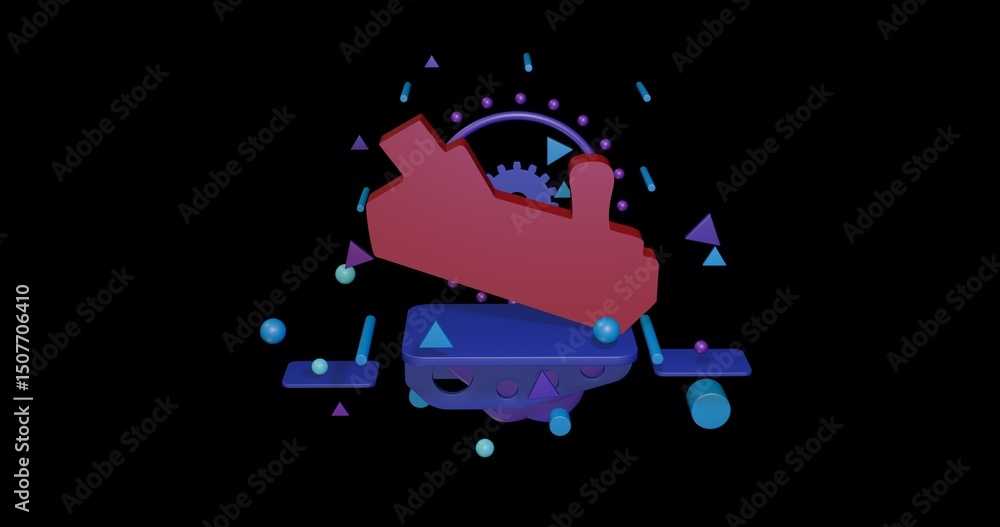 Poster red carpentry planer symbol on a pedestal of abstract geometric shapes floating in the air. abstract