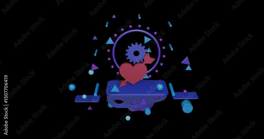 Aufkleber red cupid arrow symbol on a pedestal of abstract geometric shapes floating in the air. abstract conc