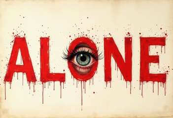 Illustration of staring bloodshot eye, with dramatic lettering
