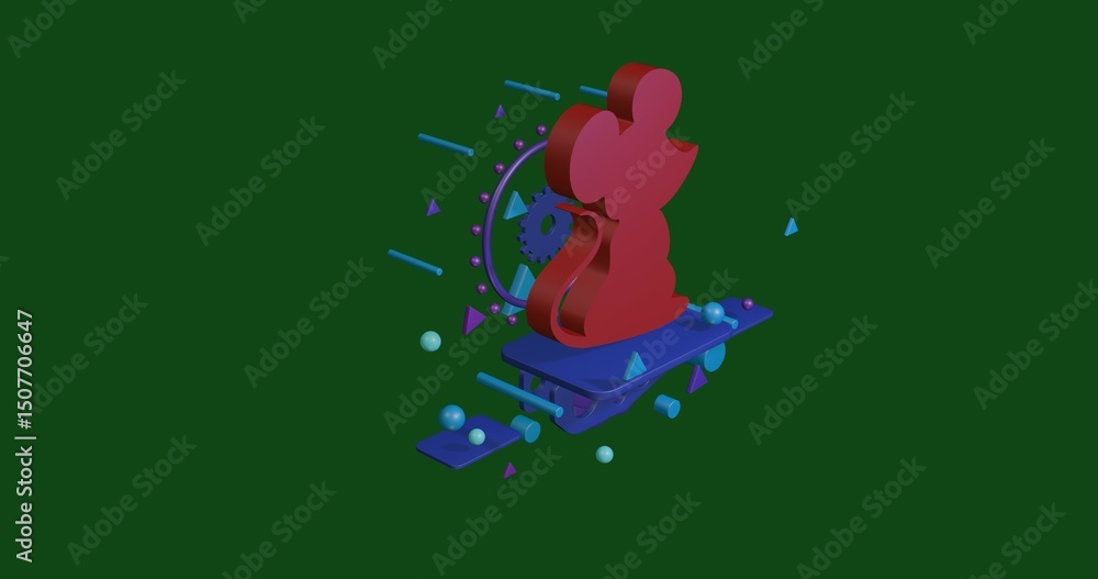 Poster red mouse symbol on a pedestal of abstract geometric shapes floating in the air. abstract concept ar