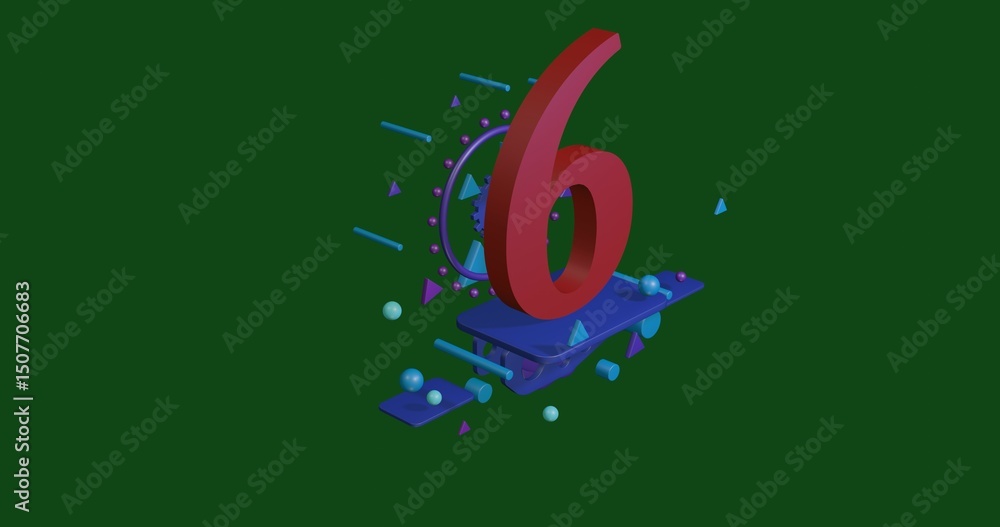Poster red number six symbol on a pedestal of abstract geometric shapes floating in the air. abstract conce