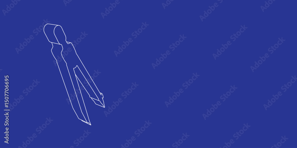 Poster the outline of a large compass divider made of white lines on the left. 3d view of the object in per