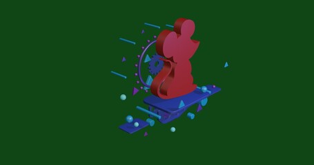 Red mouse symbol on a pedestal of abstract geometric shapes floating in the air. Abstract concept art with flying shapes in the center. 3d illustration on green background