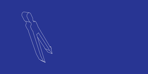 Naklejka premium The outline of a large compass divider made of white lines on the left. 3D view of the object in perspective. Vector illustration on indigo background