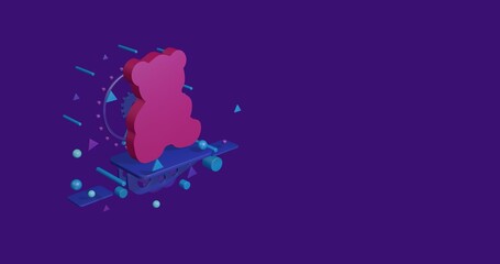 Pink teddy bear symbol on a pedestal of abstract geometric shapes floating in the air. Abstract concept art with flying shapes on the left. 3d illustration on deep purple background