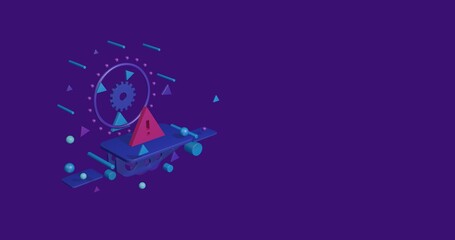 Pink warning symbol on a pedestal of abstract geometric shapes floating in the air. Abstract concept art with flying shapes on the left. 3d illustration on deep purple background