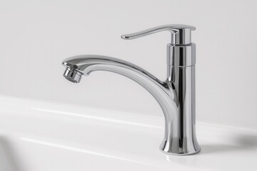 A close-up of a sleek chrome faucet with a curved spout, ideal for modern bathroom and kitchen designs
