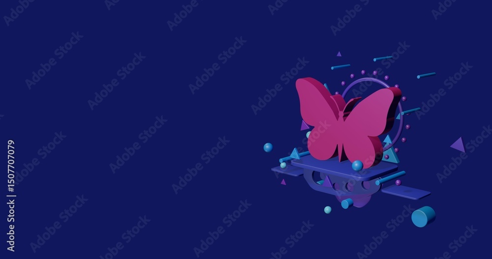 Poster pink butterfly symbol on a pedestal of abstract geometric shapes floating in the air. abstract conce