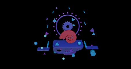 Red marine nautilus symbol on a pedestal of abstract geometric shapes floating in the air. Abstract concept art with flying shapes in the center. 3d illustration on black background