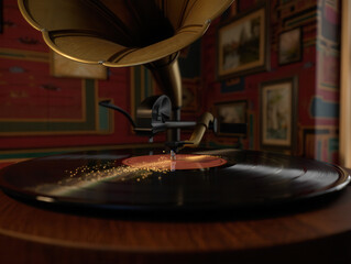 Vintage Gramophone Playing Vinyl Record with Magical Sparkles