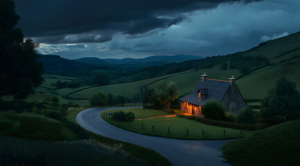 Cozy Cottage Illuminated at Dusk in Rolling English Countryside Under Dramatic Stormy Sky with Winding Road