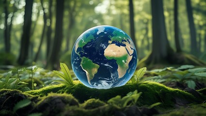 Earth globe sphere levitating in lush green forest ecosystem backdrop