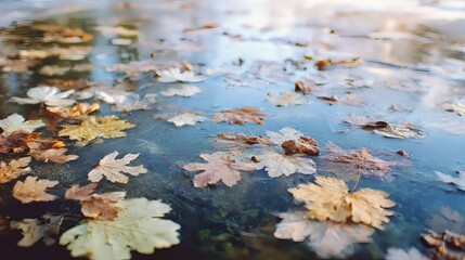 Vibrant autumn leaves gently floating on the water's surface in a serene outdoor scene.