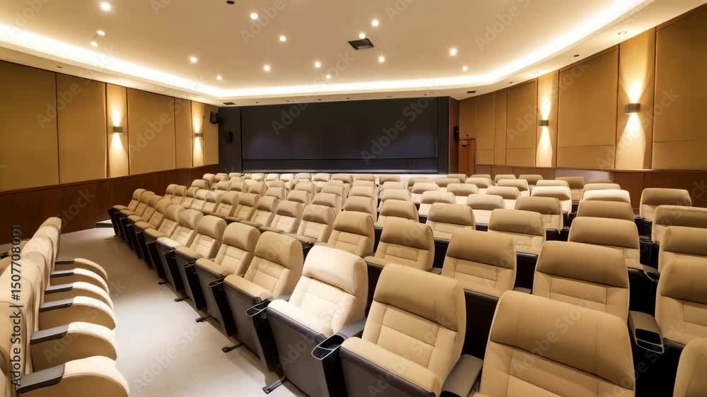 Poster empty auditorium with rows of tan colored seats and large screen in dimly lit spacious room, ready f