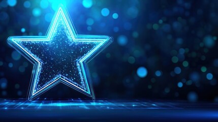 3D star graphic, glowing blue, digital