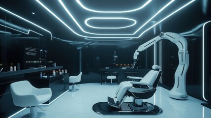 Futuristic, automated hair salon with robotic arm