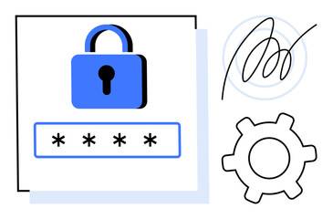 Blue lock, password with hidden characters, digital signature, and gear indicating security, authentication, customization, identity, online access, privacy and settings in a flat simple metaphor