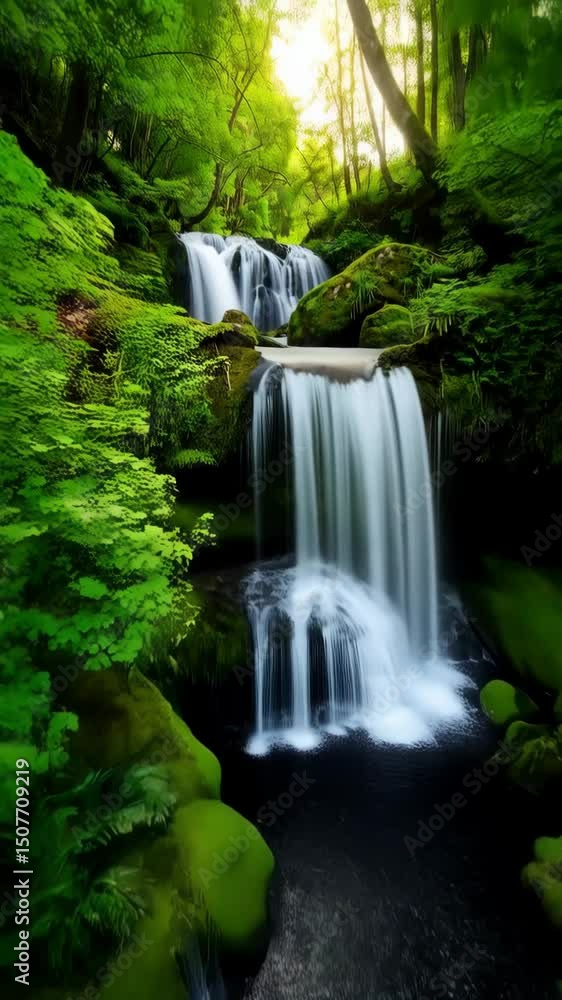 Poster scenic cascade through lush, green forest with multiple tiers and mossy rocks, bathed in soft sunlig