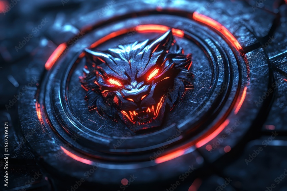 Poster detailed illustration of a fiery dragon emblem set against a dark, textured background with hints of