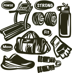 Set of sport, fitness, gym perfect for posters, gym flyers, workout planners, apparel prints, and digital content related to health, sport, and active lifestyle, emblem, labels. 