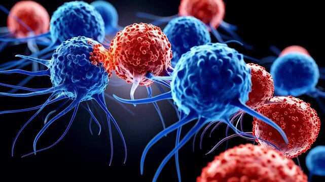 Illustrative depiction of cancer cells with spikey projections against a dark background, demonstrating cellular structure and potential disease process