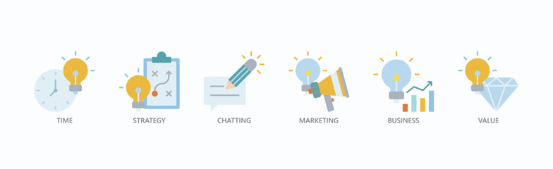 Strategic Business Synergy Icon Set Isolated Vector Illustration Concept With Icon Of Time, Strategy, Chatting, Marketing, Business, Value In Flat Style