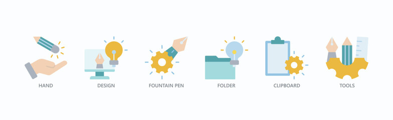 Crafting Ideas Toolkit Icon Set Isolated Vector Illustration Concept With Icon Of Hand, Design, Fountain Pen, Folder, Clipboard, Tools In Flat Style