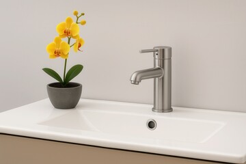 A modern faucet and yellow orchid plant on a bathroom sink, showcasing sleek design and minimalistic bathroom decor