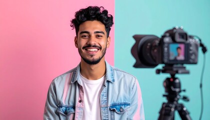 Happy Vlogger Man Filming Video Blog - Pastel backgrounds