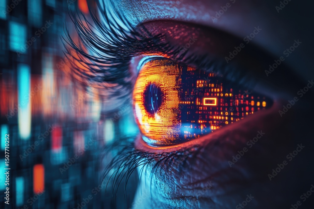 Aufkleber eye reflects vibrant digital data at night in a modern tech-inspired setting showcasing innovation a