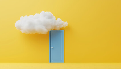 Blue Doorway on Yellow Wall with White Cloud Symbolizing Dreams and Opportunities
